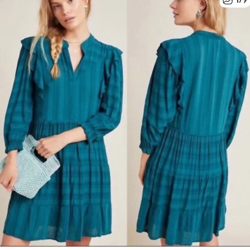 Anthropologie Amadi Rossi ruffle tunic flowy dress Teal green pull on S